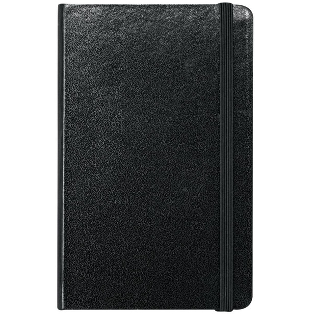A black pocket-bound journal with a textured cover and an elastic band closure. Contains a logo on the front.