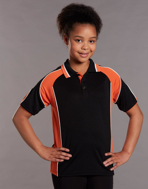 A black and orange polo shirt with a logo, featuring contrasting stripes on the sides and a buttoned collar.