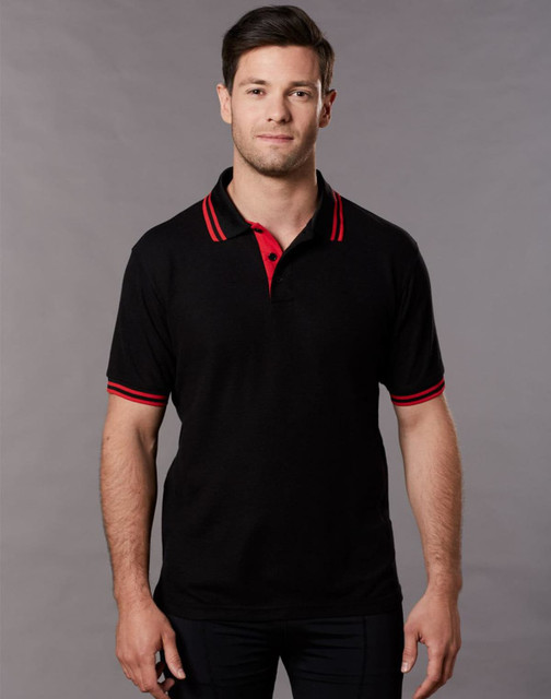 A black polo shirt with red collar and sleeve stripes, featuring a logo on the chest.