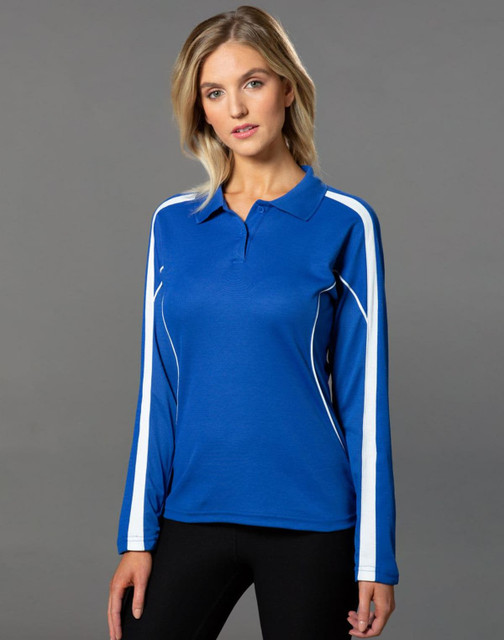 A long sleeve polo shirt in blue with white accents and a logo. Ideal for casual wear.