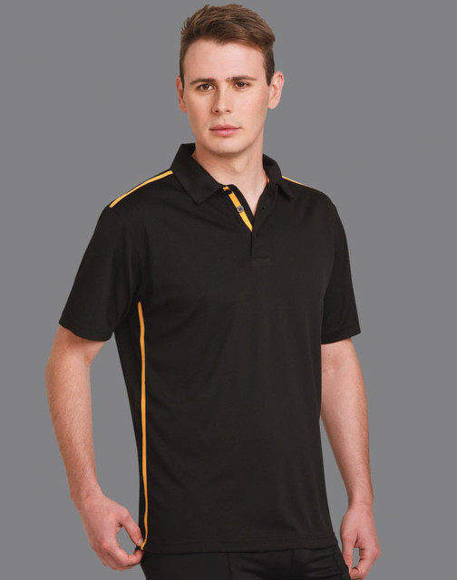 A short sleeve polo shirt in black with contrasting yellow stripes and a logo on the chest.