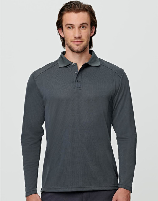 A long-sleeve polo shirt in dark grey, featuring a collar and a logo on the chest.