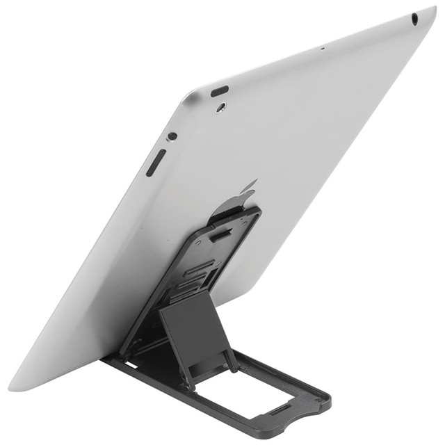 A black plastic tablet stand supporting a silver tablet at an angle, featuring a simple foldable design.