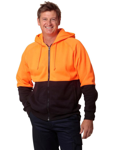 A man wears a Hi-Vis two-tone fleecy hoodie in bright orange and black, featuring a zip and a hood.
