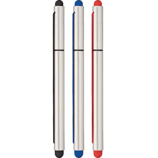 A set of three stylus pens in black, blue, and red, featuring a metallic silver body and a logo.