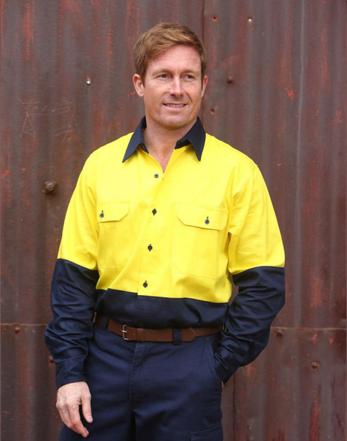 A long-sleeve, high-visibility shirt in yellow and navy blue with a logo, featuring two chest pockets.