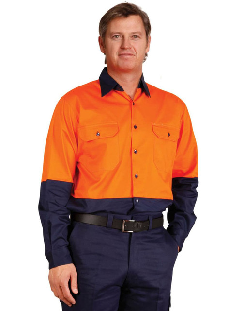 High-visibility orange and navy long-sleeve cotton work shirt with two chest pockets and a logo.