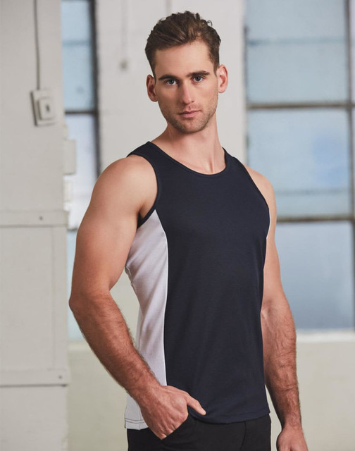 A men's singlet with a navy blue body and white contrast panel, featuring a logo on the front.