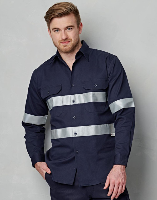 A navy blue long-sleeve work shirt featuring reflective silver tape bands and a button-up front, with a logo present.
