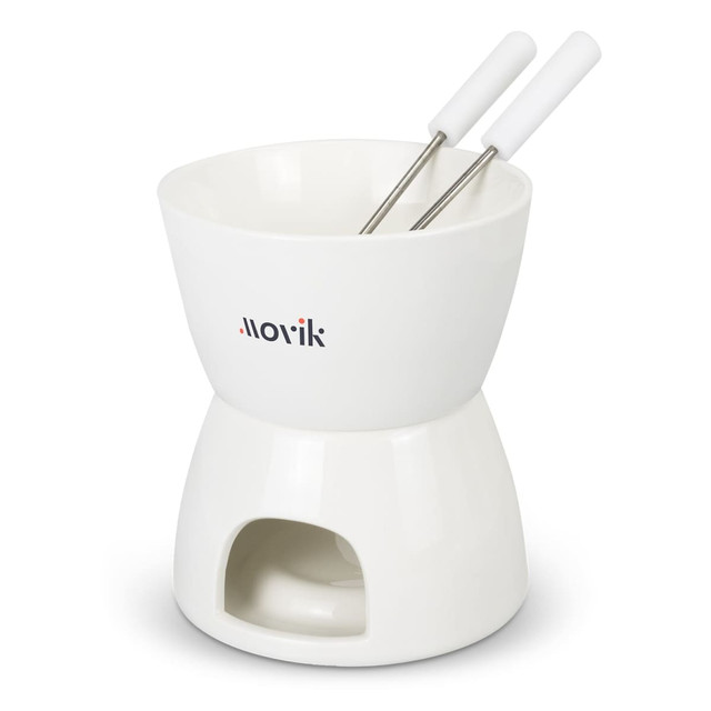 A white mini fondue set featuring a bowl, metal skewers, and a base for heating. Includes a branding logo.