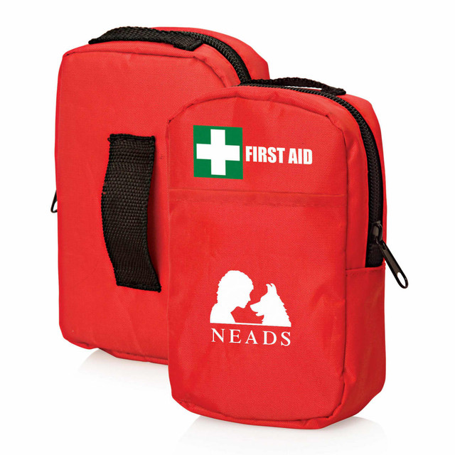 A red first aid kit with a zippered pocket and a handle, featuring a logo and cross design on the front.
