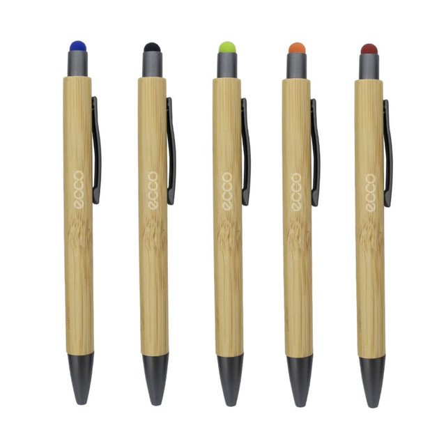 A set of five bamboo stylus pens featuring blue, green, orange, red, and black tips, each with a black grip and clip.