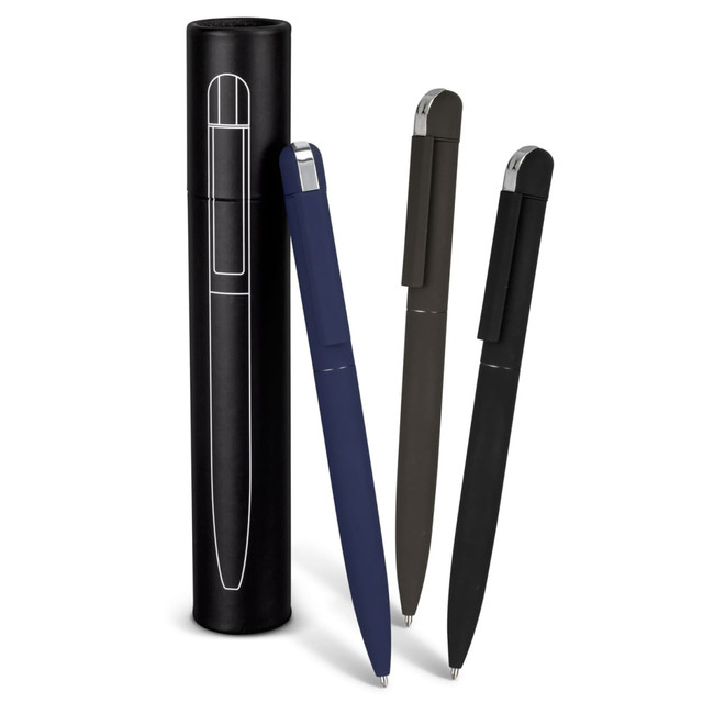 A set of three metal pens in navy, dark green, and black, presented in a cylindrical black case with a logo.
