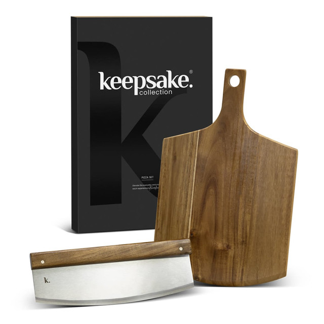 A wooden cheese board and knife set, featuring a stainless steel blade, packaged in a sleek black box with a logo.