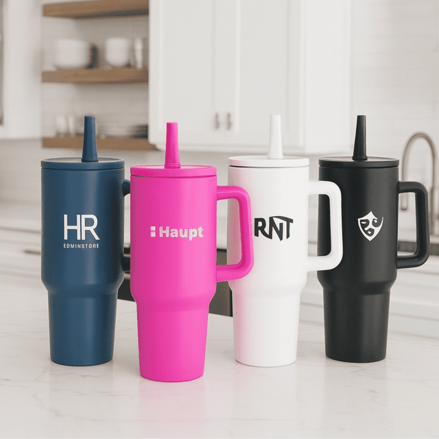 A drink bottle collection featuring four tumblers: navy, pink, white, and black, each with a logo.