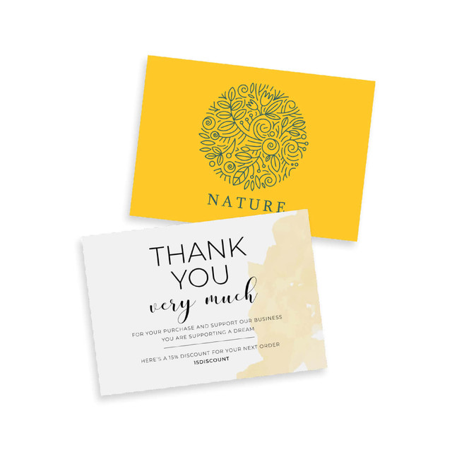 A7 message cards featuring a yellow design with nature motifs and a white card expressing gratitude, adorned with floral elements.