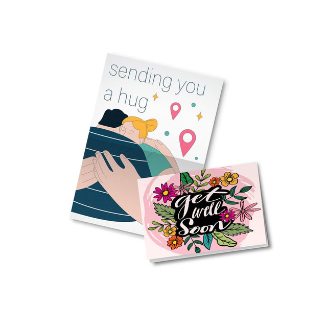 Two A7 greeting cards featuring vibrant floral designs and a warm hug illustration in soft pastel colours.