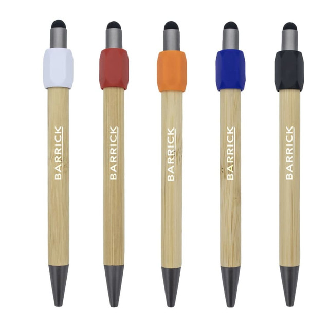 A set of five Harley Bamboo Spinner Pens featuring bamboo barrels with coloured rubber grips in white, orange, blue, and black.