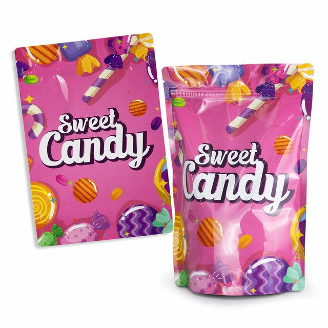 A medium foil stand-up pouch in pink with colourful candy graphics and a logo. Includes a flat pouch design.