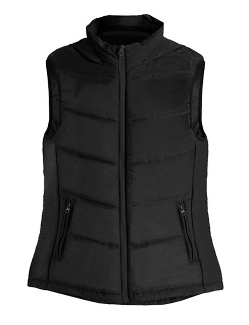 A black ladies vest featuring a zip closure and two front pockets, with a quilted design. 