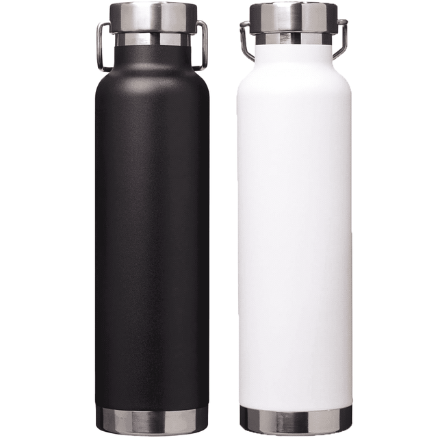 A drink bottle featuring a sleek black and white design, with a stainless steel base and a secure lid.