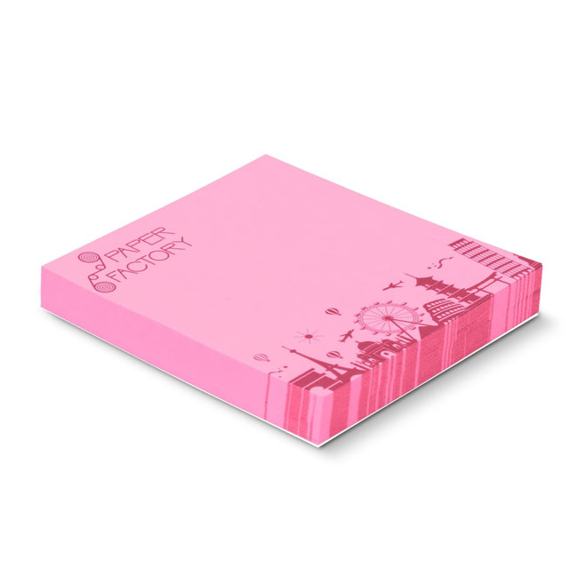 A pink sticky pad featuring a design on the side, containing 100 sheets measuring 70 x 75mm.