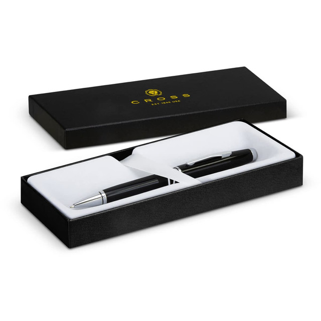 A black ballpoint pen in a black presentation box, featuring an interior padding and a logo on the box.