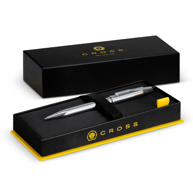 A silver ballpoint pen displayed in an elegant black and yellow box with a logo.