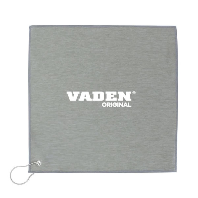 A grey golf towel with a loop for attachment, featuring a logo in the centre.