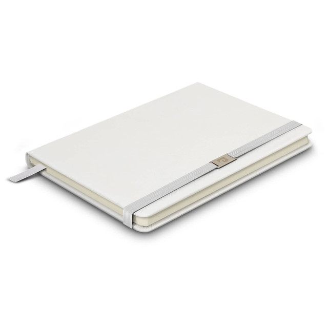 A white notebook with a grey elastic strap and a branding logo on the cover, featuring a smooth design and hardback.