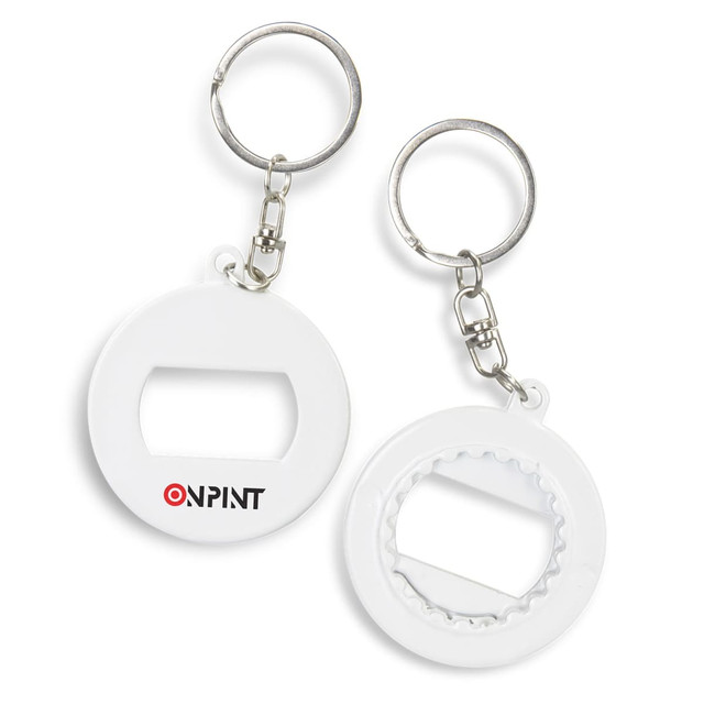 A drink bottle opener key ring in white with a metallic chain and attached keyring, featuring a logo.