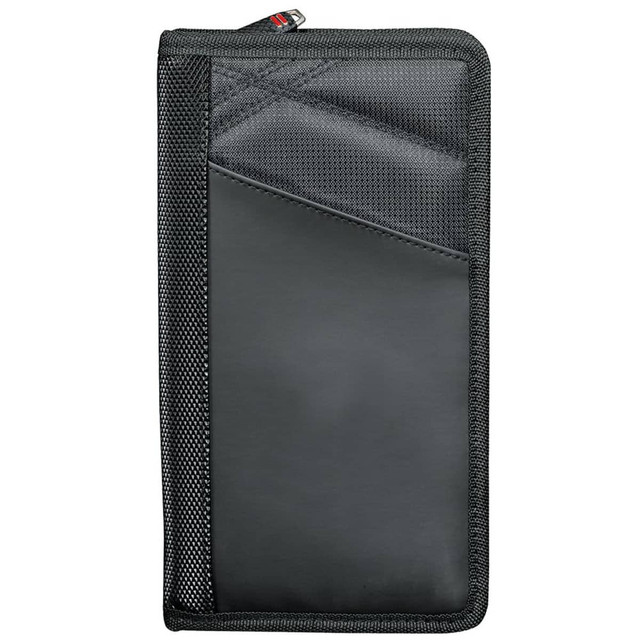 A black travel wallet with a zip closure, featuring a textured design and a logo.