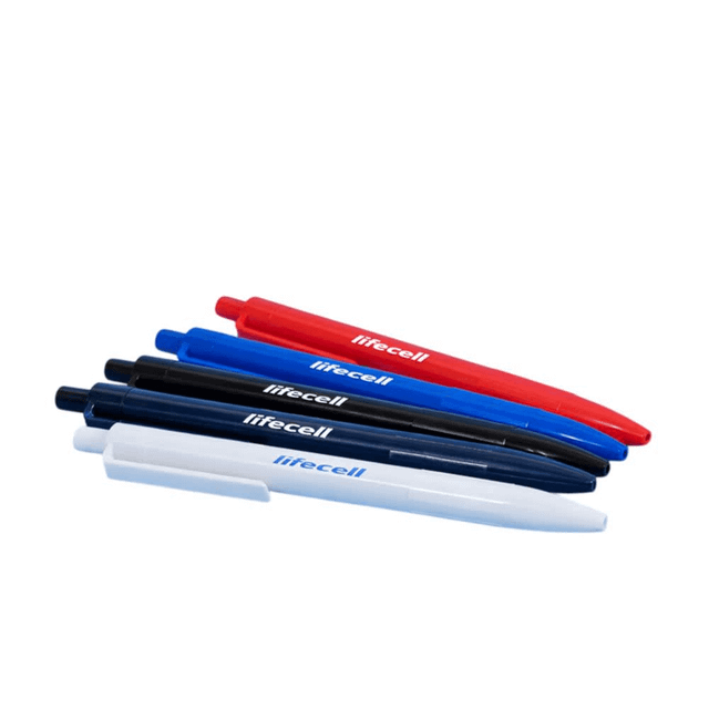 A collection of plastic ball pens in black, blue, red, and white, featuring branding on each pen.