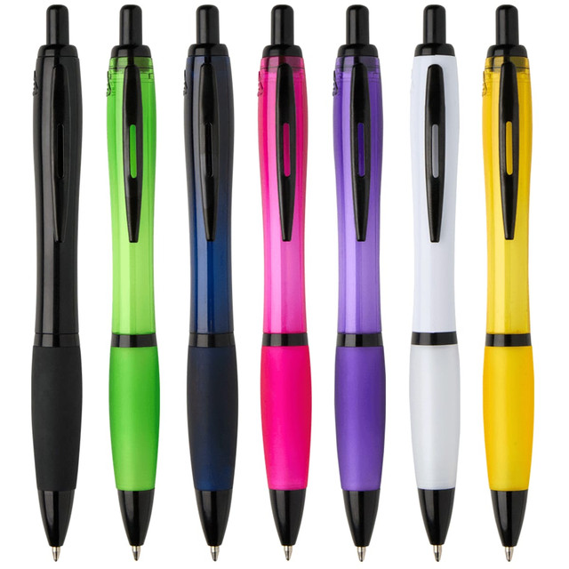 A collection of eight pens in various colours, including black, green, blue, pink, purple, white, and yellow. Each pen has a branding logo.