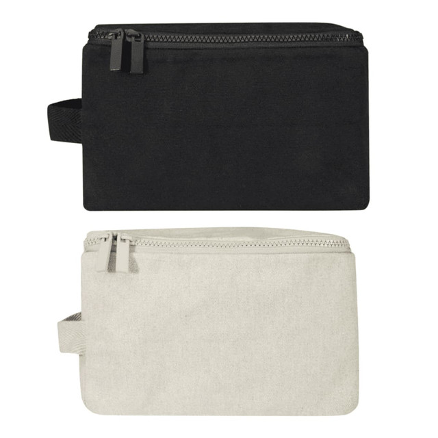 A black and grey toiletry organiser featuring a zip closure and a handle, with a logo on one side.