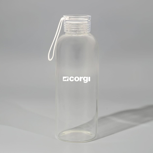 A drink bottle made of clear borosilicate glass with a cap and a white brand logo.