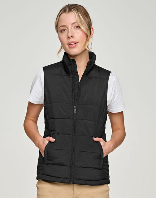A black insulated puffer vest with a 3D cut design, featuring side pockets and a front zip.