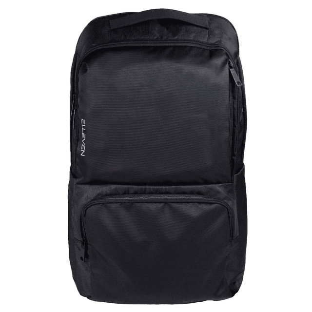 A black backpack featuring multiple zippered compartments and a logo on the front.