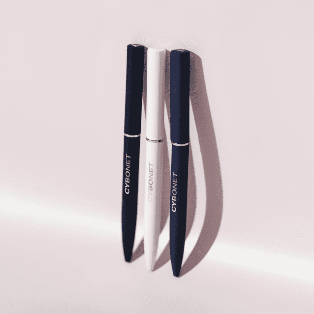 Three metal ballpoint pens in white and dark blue with a mirror finish, featuring a branding logo.