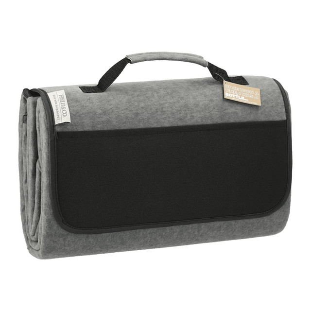 A grey oversized picnic rug with a handle, featuring a black pocket and a logo on the side.