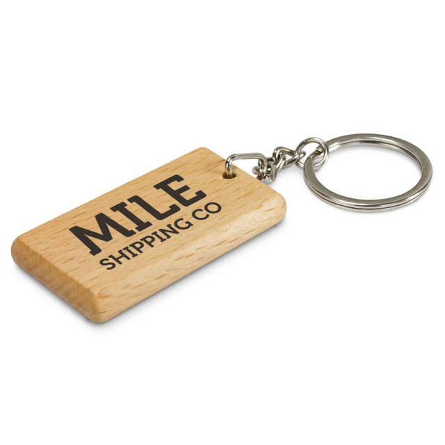 A wooden rectangular key ring with a silver key chain and a logo printed on the surface.