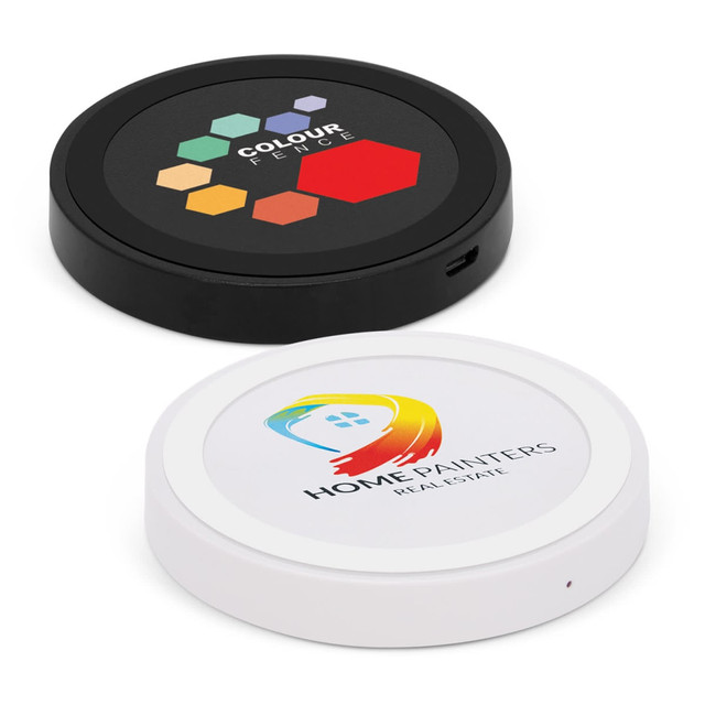 A wireless charger set in black and white, featuring hexagonal designs and logos on each side.
