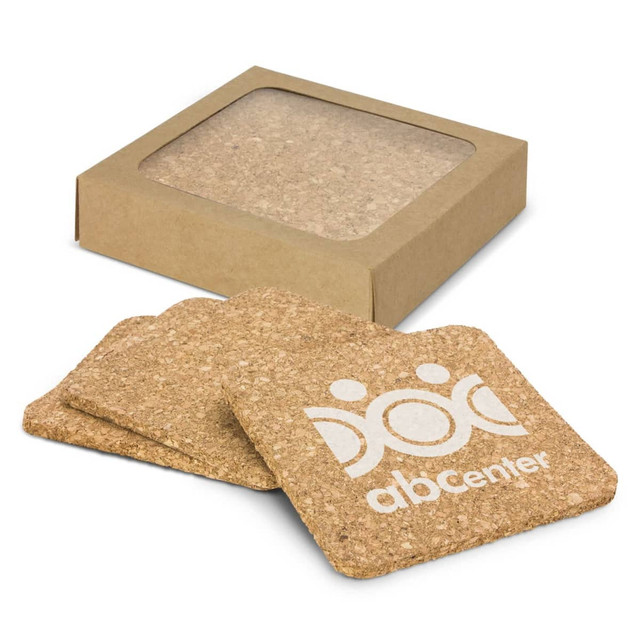 A square set of four natural cork coasters in a box, featuring a logo on the side.
