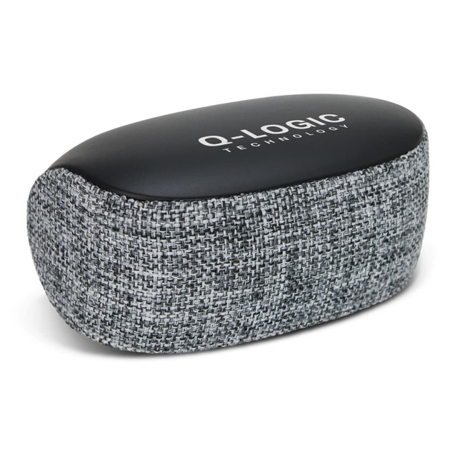 A grey and black Bluetooth speaker with a textured fabric covering and a logo on top.