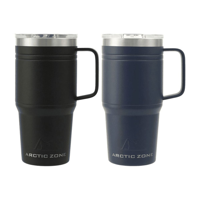 A drink bottle set featuring two mugs in black and navy, with a stainless steel lid and a handle. Each mug has a logo.