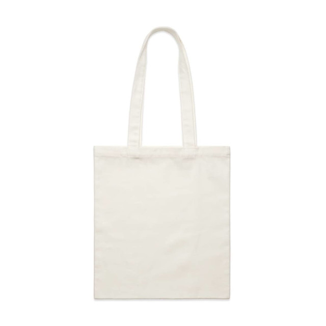 A cream tote bag with long handles, featuring a simple design and branded logo.