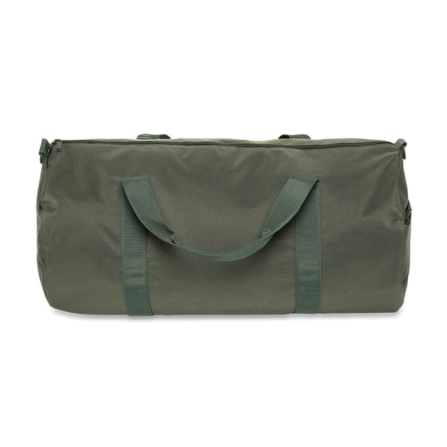 A green duffel bag with two top handles and a zip closure, featuring a logo on the surface.