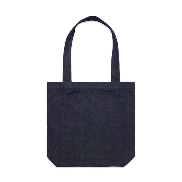 A dark denim tote bag with long handles and a simple design, featuring a logo.