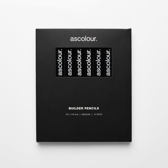 A pack of ten grey lead builder pencils in a black box with a brand logo.