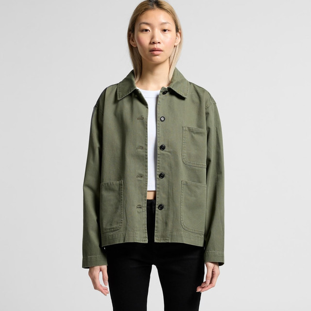 A casual green chore jacket with a collar, featuring two front pockets and a relaxed fit.